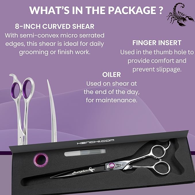 Kenchii Scorpion 8 Inch, Curved Grooming Scissors for Dogs and Pets - Premium Steel Scissors for Dog Grooming - Dog Shears Pet Grooming Accessories - Pet Hair Trimming Scissor