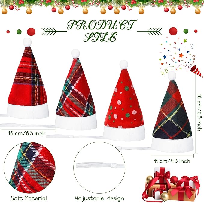 Svee 8 Pieces Christmas Santa Hats for Dog Cat with Adjustable Chin Strap Holiday Party Cute Costumes for Puppy Kitten Small Dogs and Cats Winter Party Dress up Props Supplies Gifts(Plaid)