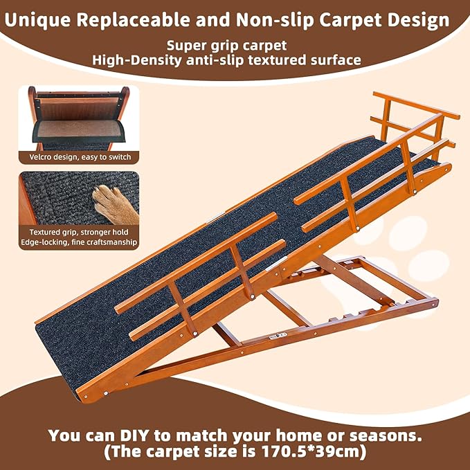 Dog Ramp for Bed - 65" Length, Supports up to 32" Height,Includes Non-Slip Replaceable Carpet, Safety Rails &Landing Platform,Adjustable & Foldable Pet Ramp for Large/Senior Dogs to Get on Bed-Walnut