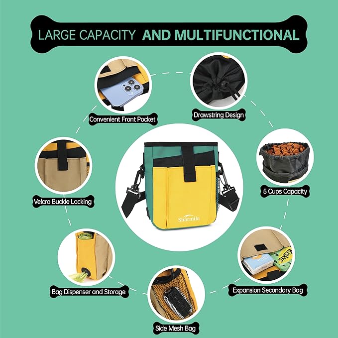 Sharmila Dog Treat Pouch - Large Capacity Storage & Multi-Pocket Design, Waterproof Training Treat Pouch Constructed from High-Density Oxford Fabric for Pet Training, Dog Walking, Hiking (Yellow)