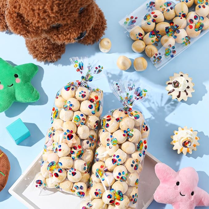 Blulu 100 Pieces Dog Treat Bags Puppy Party Favor Pet Paw Cone Cellophane Bags Candy Heat SealableDog Paw Gift with 100 Pieces Silver Twist Ties for Pet Cat Treat Party Favor(Rainbow Color)