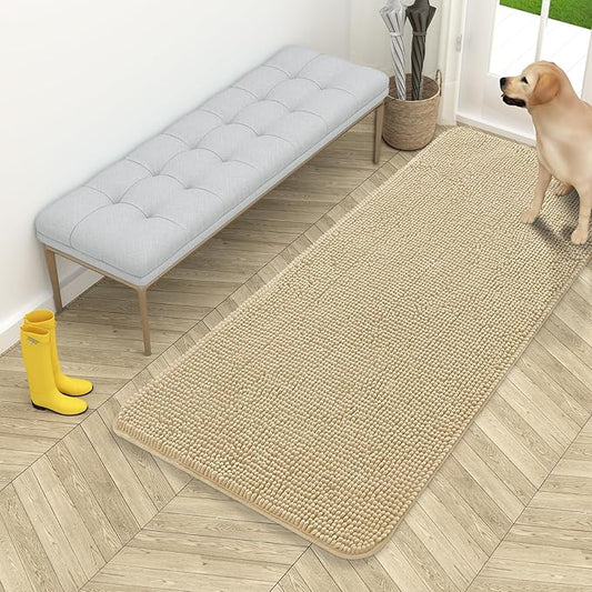 OLANLY Dog Door Mat for Muddy Paws 54x24, Absorbs Moisture and Dirt, Absorbent Non-Slip Washable Doormat, Quick Dry Chenille Mud Mat for Dogs, Entry Indoor Entryway Carpet for Inside Floor, Beige