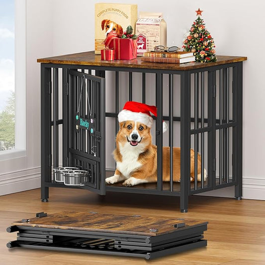 Easycom 31" Dog Crate Furniture Foldable, No Assembly Decorative Dog Kennel Indoor, Dog Crates for Medium Dogs(20-35 lb), Wooden Dog Cage with Adjustable Bowls and Name Tag, End Table, Rustic Brown