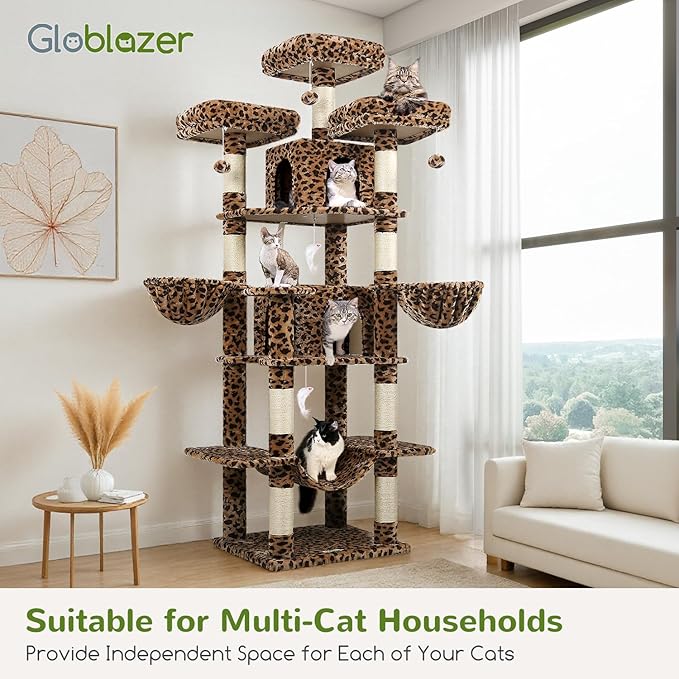 Globlazer Big Cat Tower for Indoor Cats, 80inch Cat Tower for Multiple Adult Cats XXL Cat Tree with Scratching Post, Hammock, 3 Perches, 2 Condos, 2 Hanging Basket, F80, Leopard Print