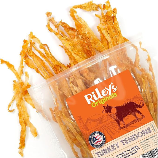 Riley's Turkey Tendons for Dogs - Single Ingredient Dehydrated Turkey Treats for Small & Large Dogs - Made in USA - Promotes Dental Health - 8 oz