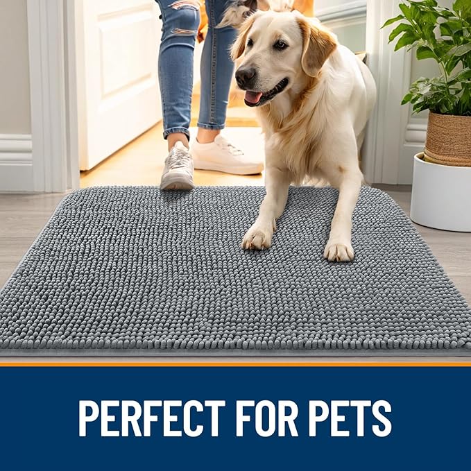 OLANLY Dog Door Mat for Muddy Paws 24x16, Absorbs Moisture and Dirt, Absorbent Non-Slip Washable Doormat, Quick Dry Chenille Mud Mat for Dogs, Entry Indoor Entryway Carpet for Inside Floor, Grey