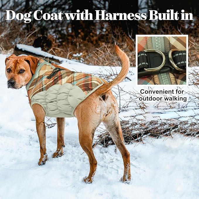 Lelepet Warm Dog Winter Coat Dog Coats for Medium Dogs Waterproof Dogs Jacket with Harness Built in Reflective Cold Weather Coats Windproof Zip-Up Winter Fleece Vest Snowsuit Dachshund Brown Plaid