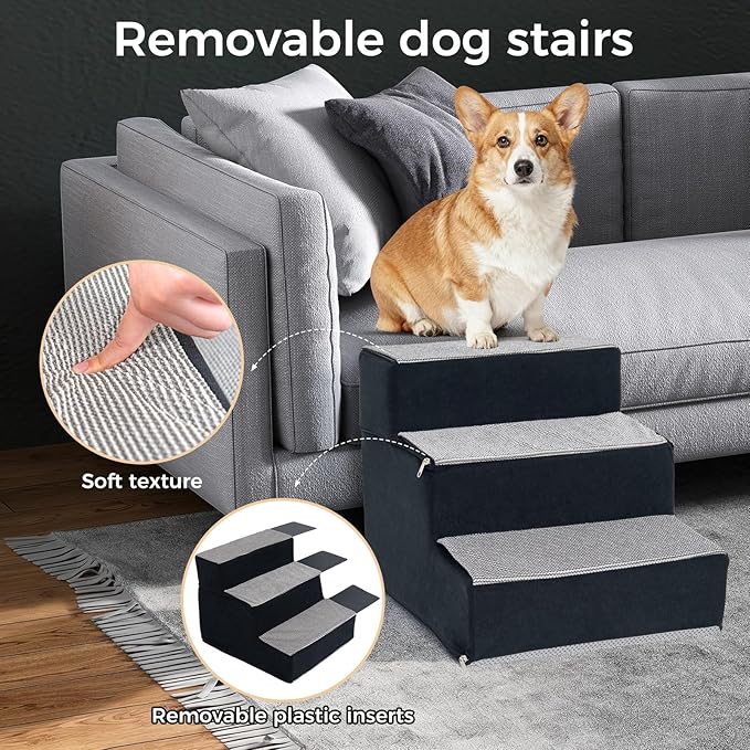 Dog Stairs for Small Dogs and Cats 18.5" H 3-Step DogSteps for High Bed Couch and Sofa High-DensityFoam Dog Ramp withSupporting Boardet Stairs withNon-Slip Bottom Washable Cover