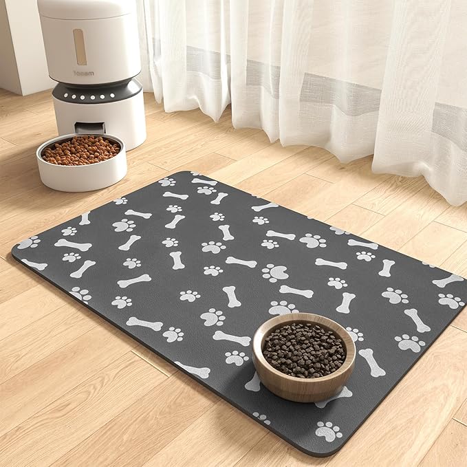 MontVoo Dog Food Mat-Large Pet Feeding Mat for Food and Water-No Stains Quick Dry Dispenser Cat Bowl Mat for Messy Drinkers(23"X34" Dark Grey)