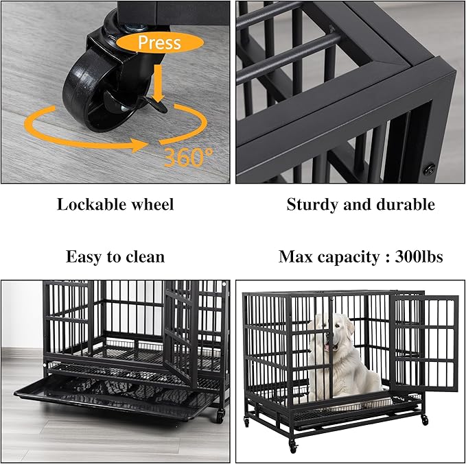JY QAQA 38 Inch Heavy Duty Indestructible Dog Crate, Escape Proof Dog Cage Kennel with Lockable Wheels,High Anxiety Double Door Dog Crate, Xl Extra Large Crate Indoor for Large Dog with Removable Tray