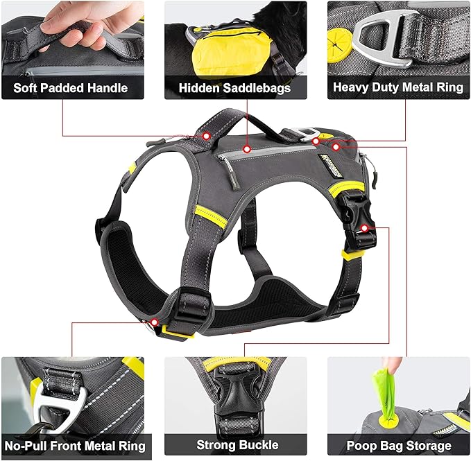 Fida Dog Harness, Multi-Functional No-Pull Pet Vest Harness with Saddle Bags Backpack, Front Leash Clip, Adjustable Soft Padded Reflective No-Choke Dog Vest Heavy Duty for Medium & Small Dog, M, Black