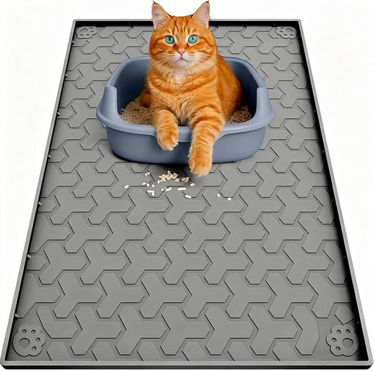 Silicone Cat Litter Mat for litter box 34" X 22"-Easy to Clean Cat Litter Trapping Mat, Waterproof, urine-proof and non-slip to keep the floor clean and tidy（Light Black）