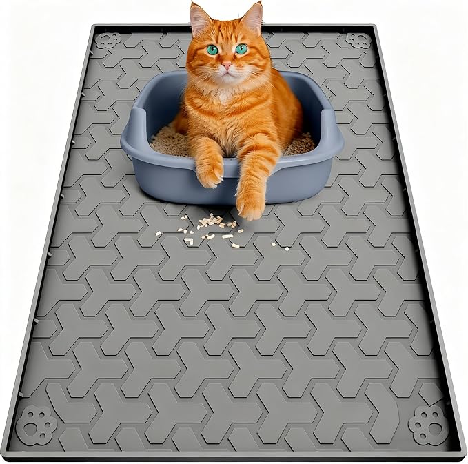 Cat Litter Mat for Litter Boxes - BPA-Free, Fits Most Sizes, Effective Litter Trapping, Easy to Clean, Waterproof, Non-Slip, 34" X 22", Gray