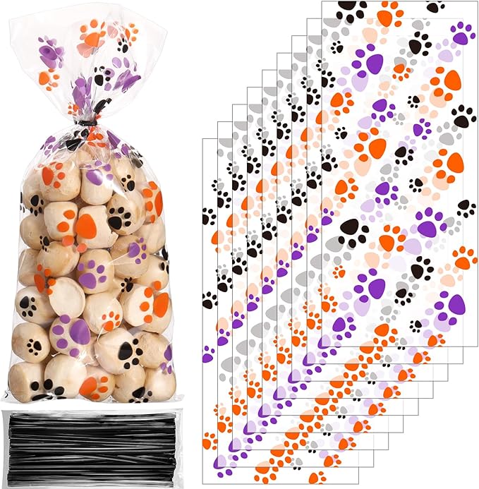 Blulu 100 Pieces Dog Treat Bags Puppy Party Favor Pet Paw Cone Cellophane Bags Candy Heat SealableDog Paw Gift with 100 Pieces Silver Twist Ties for Pet Cat Treat Party Favor(Orange, Black, Purple)