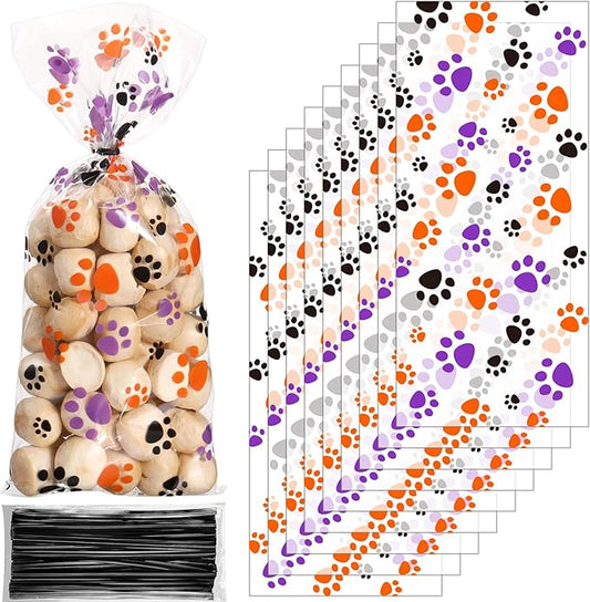Blulu 100 Pieces Dog Treat Bags Puppy Party Favor Pet Paw Cone Cellophane Bags Candy Heat SealableDog Paw Gift with 100 Pieces Silver Twist Ties for Pet Cat Treat Party Favor(Orange, Black, Purple)