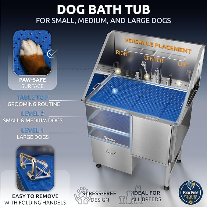 KANIS Professional Dog Washing Station - 304 Stainless Steel Pet Wash Sink & Grooming Bathtub w/Shower, Floor Grates and Storage for Large, Medium & Small Pets (40", 1 Drawer - Right Ramp)