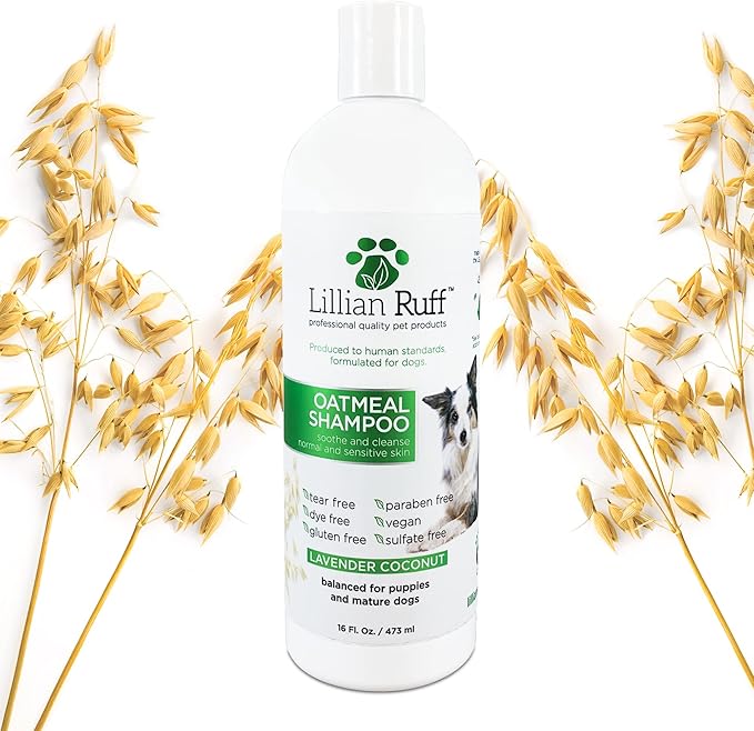 Lillian Ruff PRO Formula Deodorizing Oatmeal Dog Shampoo - Calms Itching & Allergies, Ultra-Nourishing Dry Skin Relief - Oatmeal, Aloe, Coconut Oil, Lavender & Provitamin B5 - Made in USA (16oz)