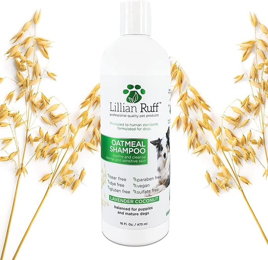 Lillian Ruff PRO Formula Deodorizing Oatmeal Dog Shampoo - Calms Itching & Allergies, Ultra-Nourishing Dry Skin Relief - Oatmeal, Aloe, Coconut Oil, Lavender & Provitamin B5 - Made in USA (16oz)