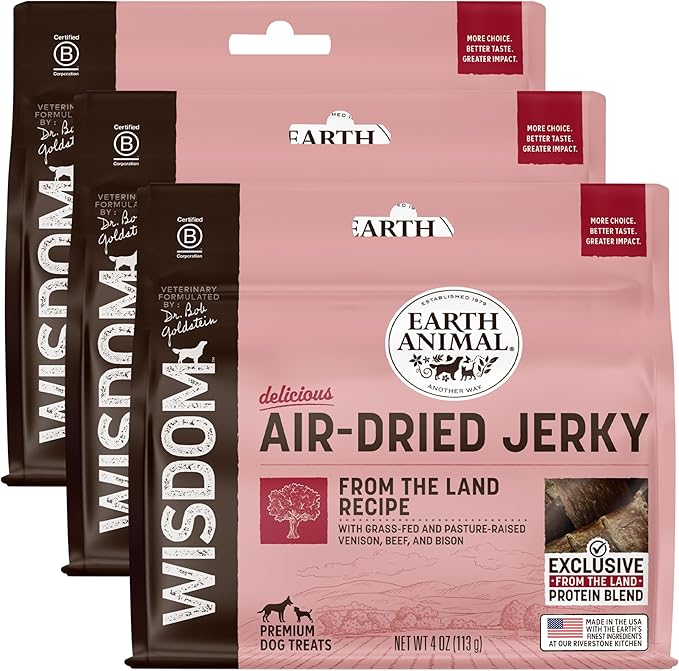 Earth Animal Wisdom Air-Dried Jerky from The Land Recipe | Dog Treats | Dog Snacks | Premium Natural Red Meat Jerky Strips | 4 oz | Made in The USA (Pack of 3)