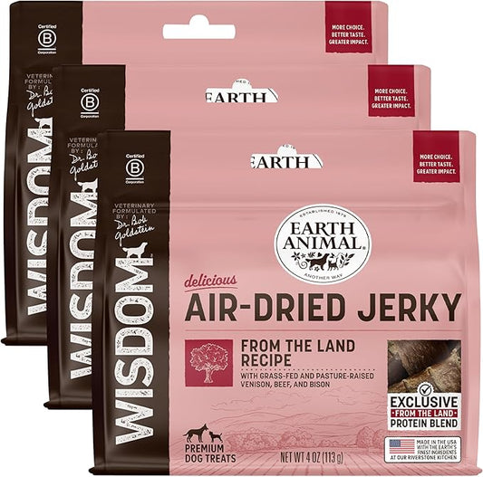 Earth Animal Wisdom Air-Dried Jerky from The Land Recipe | Dog Treats | Dog Snacks | Premium Natural Red Meat Jerky Strips | 4 oz | Made in The USA (Pack of 3)