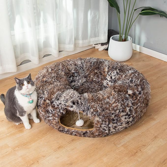 LUCKITTY Warm Fluffy Plush Cat Dog Tunnel Bed with Washable Cushion- Big Tube Playground Toys 3 FT Diameter Collapsible, for Indoor Cat Kitty Kitten Puppy Rabbit Ferret Leopard Print