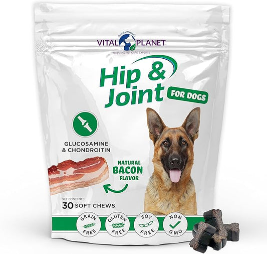 Vital Planet - Hip and Joint Soft Chews for Dogs, with Glucosamine, MSM, and Collagen from Green-Lipped Mussel - 30 Bacon Flavored Soft Chews