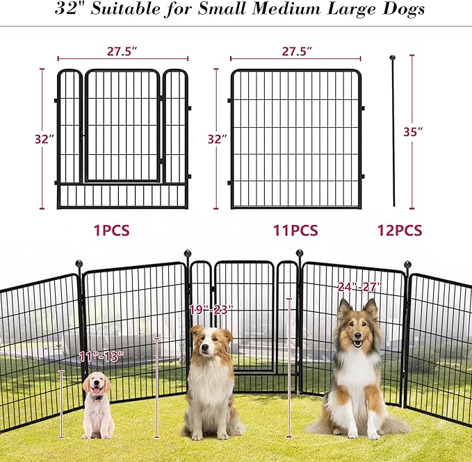 Dog Playpen 32 inch 12 Panels Indoor Dog Pen for Medium/Small Dogs Heavy Duty Metal Dog Fence Outdoor for Yard, Puppy Playpen with Door Portable Pet Fence for RV Camping Yard