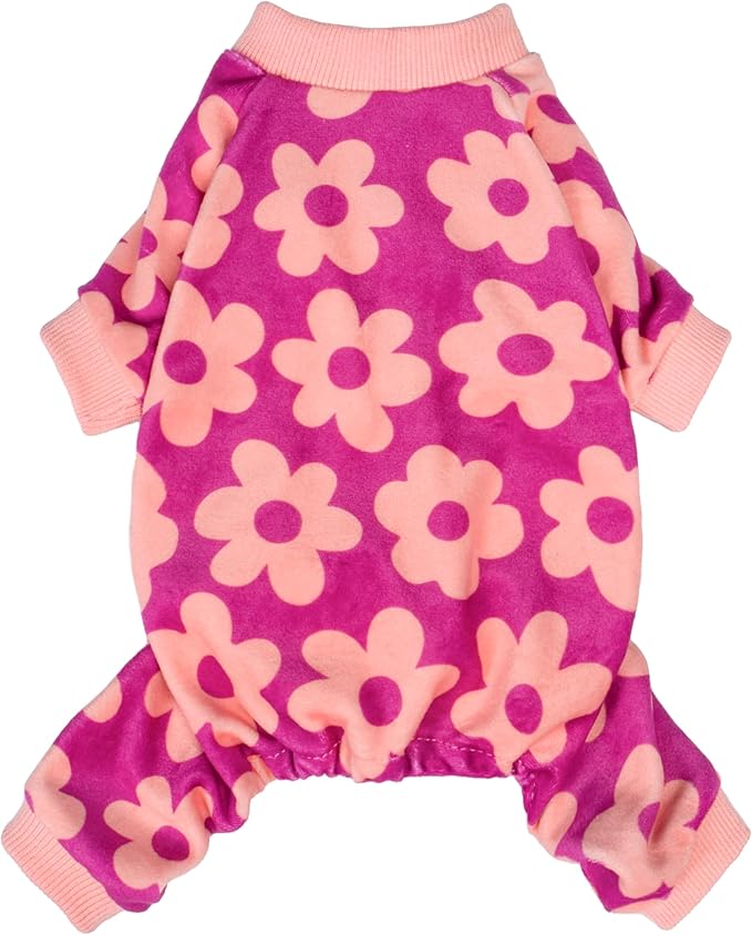 Fitwarm Flower Fleece Dog Pajamas, Warm Winter Dog Clothes for Small Dogs Girl, Cozy Pet Onesie with Feet, Pink, Large