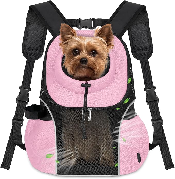 WOYYHO Pet Dog Carrier Backpack Small Dog Front Backpack Ventilated Mesh Dog Travel Back Pack with Safety Belt for Travel Hiking Cycling Outdoor Adventures (Size L: 10-14 lbs, Pink)