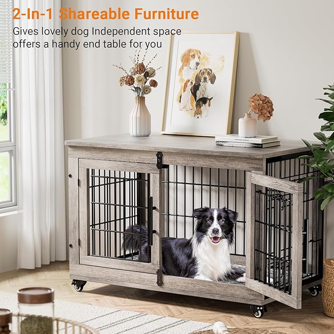 Lulive Large Dog Crate Furniture, 38'' Wooden Dog Crate End Table, Double Door Dog Kennel Indoor with Cushion & Wheels, Decorative Dog Cage House Chew-Resistant for Large/Medium, Grey