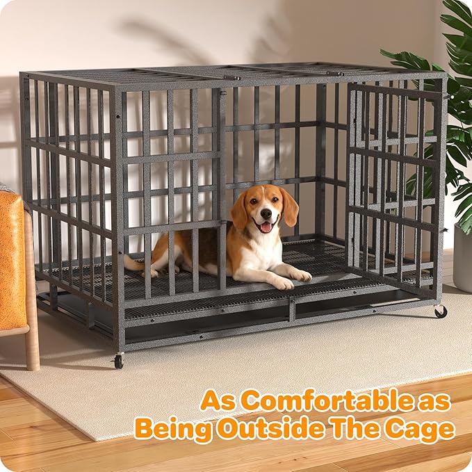 Heavy Duty Indestructible Dog Crate 42 Inch with Removable Tray, Sizes & Colors Optional, Escape Proof Double Door High Anxiety Cage Indoor, Kennel with Wheels for Large Dogs, XL XXL XXL