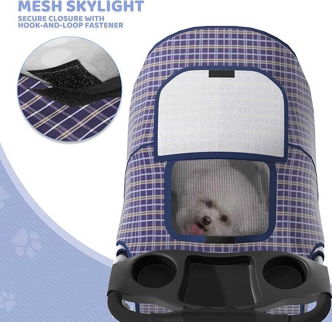 Magshion 3-Wheel Pet Stroller, Foldable Travel Jogger for Small & Medium Dogs & Cats (Up to 33lbs), Lightweight Carrier with Breathable Mesh Cover, Cup Holder & Storage Basket, Plaid