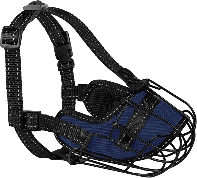 OOPSDOGGY Pitbull Dog Muzzle - Reflective Metal Mask with Wire Basket for Large Dogs - Soft Cage Muzzle to Prevent Biting & Chewing - Adjustable Nylon Straps (Blue)