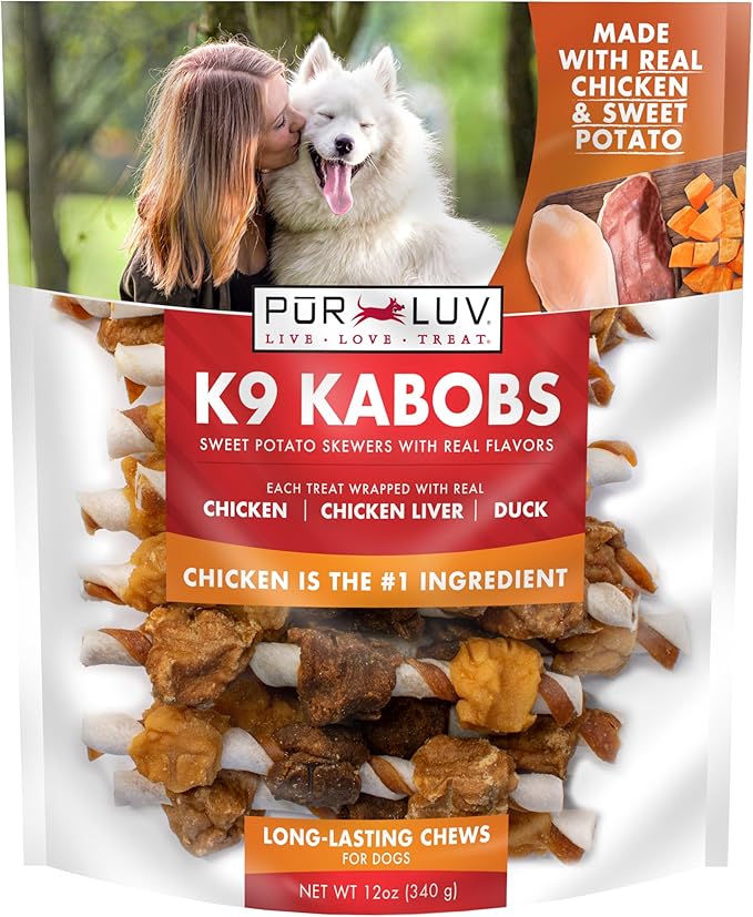 Dog Treats, K9 Kabobs for Dogs Made with Real Chicken, Duck, and Sweet Potato, 12 Ounces, Healthy, Easily Digestible, Long-Lasting, High Protein Dog Treat, Satisfies Dog's Urge to Chew