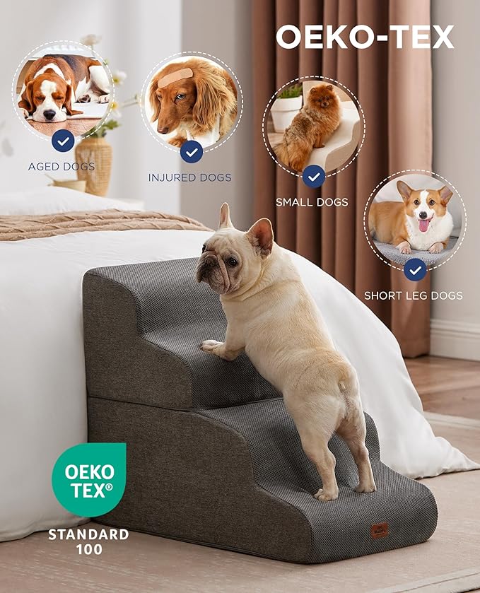 Beige Curved Dog Stairs Ramp for High Beds 22.8" H, 4-Step Dog Steps for Couch Sofa and Chair, Pet Stairs for Cats, Non-Slip Balanced Pet Steps