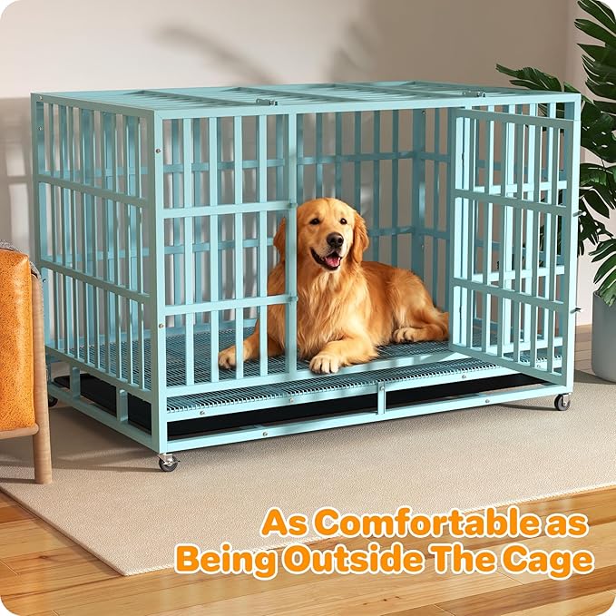 Heavy Duty Indestructible Dog Crate 48 Inch with Removable Tray, Sizes & Colors Optional, Escape Proof Double Door High Anxiety Cage Indoor, Kennel with Wheels for Large Dogs, XL XXL XXL