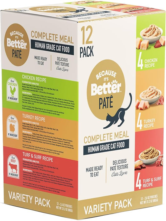 Because it's Better Pate Complete Meal, Variety Pack, Ocean, Turkey and Chicken Flavors 2.6 oz Pouches, Wet Cat Food, 12 Count