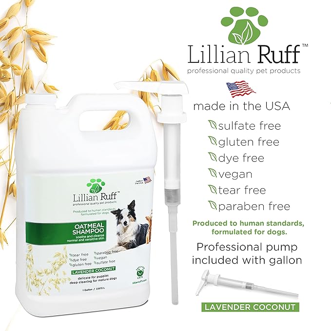 Lillian Ruff PRO Formula Deodorizing Oatmeal Dog Shampoo - Calms Itching & Allergies, Ultra-Nourishing Dry Skin Relief - Oatmeal, Aloe, Coconut Oil, Lavender & Provitamin B5 - Made in USA Gallon+Pump