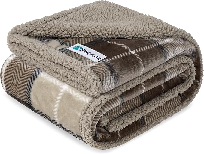 PetAmi Waterproof Dog Blanket for Small Medium Dog Puppy Cat Throw for Couch Cover Leakproof Protection, Sherpa Fleece, Reversible Soft Washable 29x40 Plaid Taupe