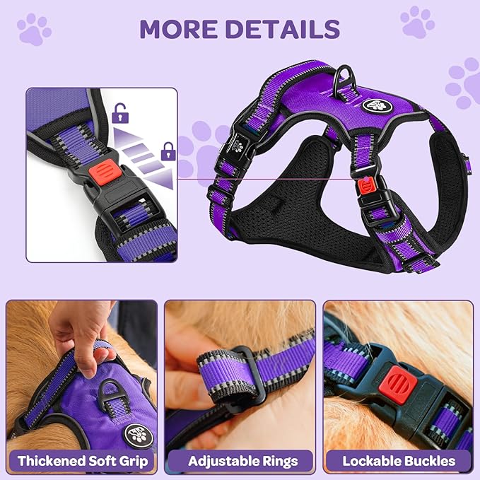 FURRYFECTION Dog Harness | No Pull Dog Harness | Reflective Oxford | Padded Handle | 4 Adjustable Straps | 2 Leash Clips | No Choke Pet Vest Harness for Small Medium Large Dogs | Purple | S