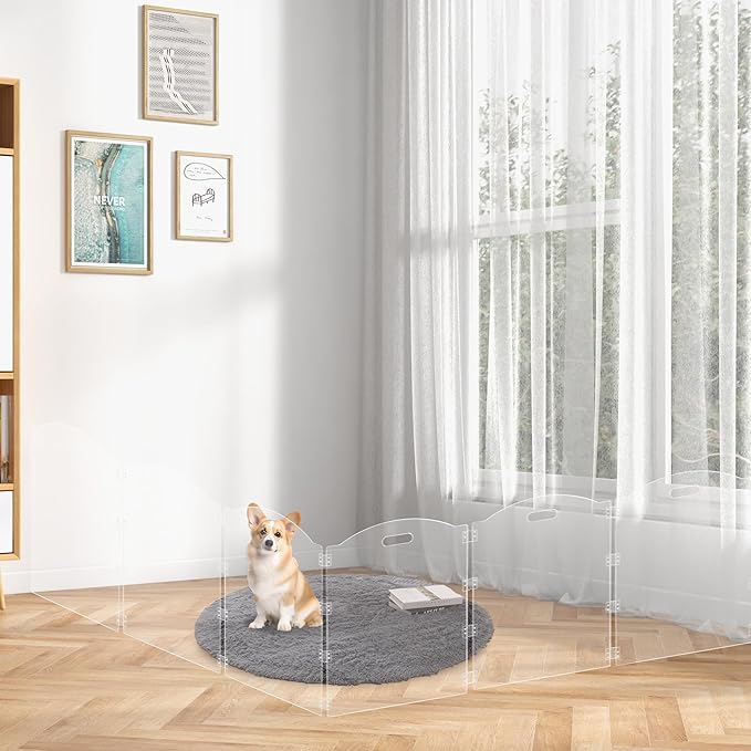 Acrylic Dog Playpen for House 6 Panel 120" W x 24" H Foldable Dog Gate Indoor with Handles, Free-Standing Pet Fence Clear Dog Pen for Medium Dogs Puppy Cat Rabbit Accessories