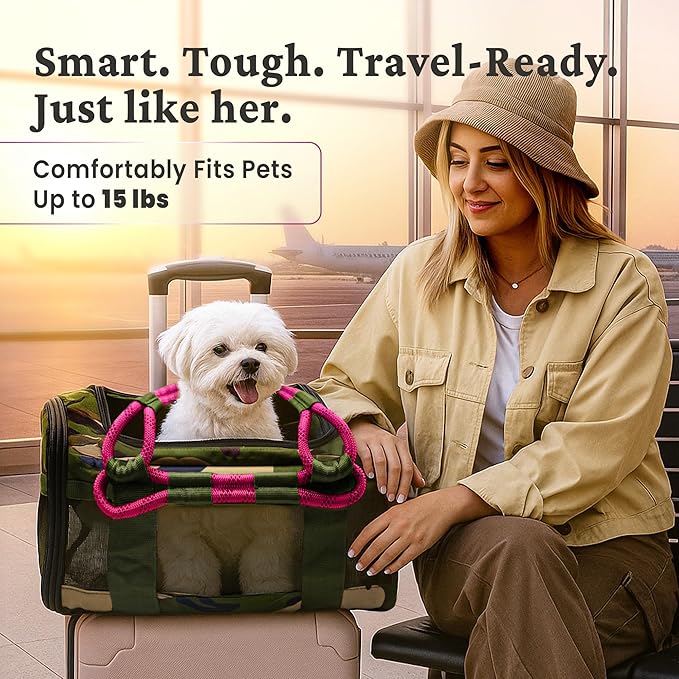 | TSA Airline Approved |Soft Sided Pet Carrier | Cat Carrier | Dog Carrier| Pets Up to 15 lbs | Leash & Luggage Strap | Camo Pink Handle