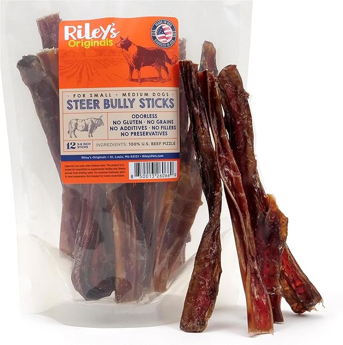 Riley's Steer Bully Sticks for Small to Medium Dogs - Single Ingredient Dog Treat, Easily Digestible, 100% Beef Pizzle Sticks - 5-6", 12ct