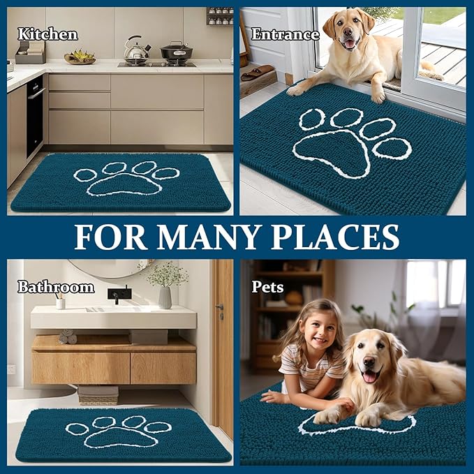 OLANLY Dog Door Mat for Muddy Paws 48x30, Paw Print Design, Absorbs Moisture and Dirt, Absorbent Non-Slip Washable Doormat, Quick Dry Chenille Mud Mat, Entry Indoor Entryway Carpet, Atlantic Blue