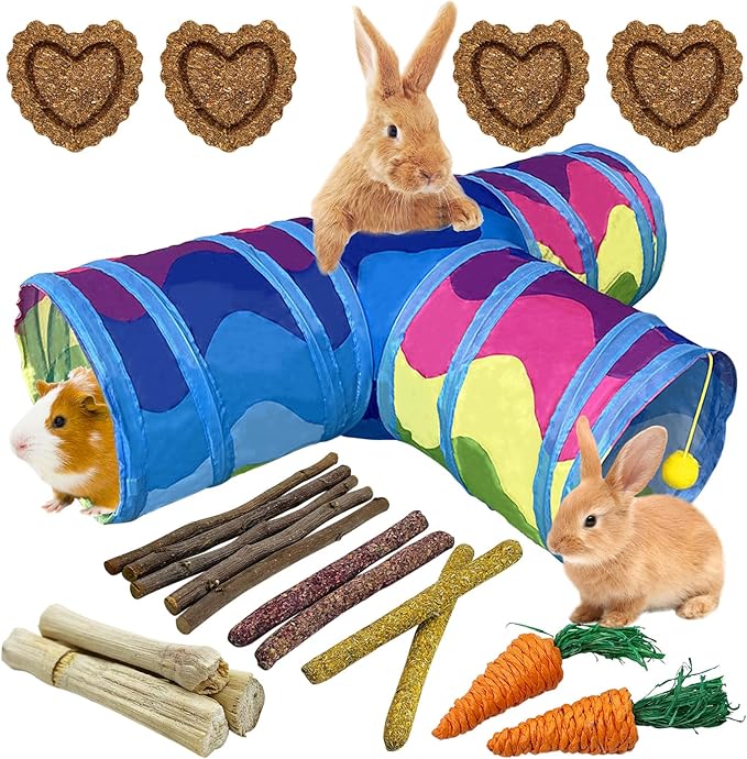BNOSDM Bunny Tunnel, Collapsible 3 Way Rabbit Tunnels Portable Guinea Pig Tunnel Hideout, Small Animals Activity Tubes with Chew Toys for Kitten Rabbit