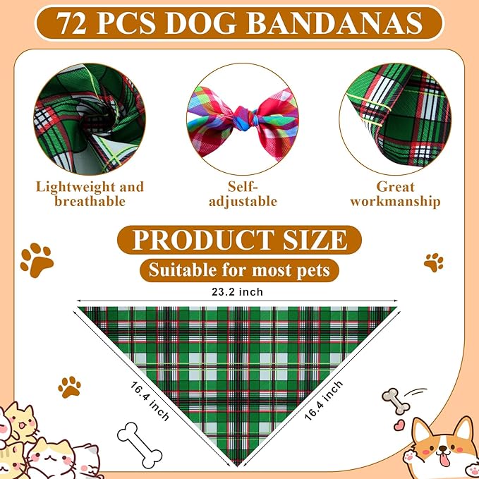 72 Pcs Plaid Dog Bandanas Bulk Triangle Scarf Cat Bibs Puppy Scarf Stripe Bandanas for Puppy Cat Birthday Party Costume
