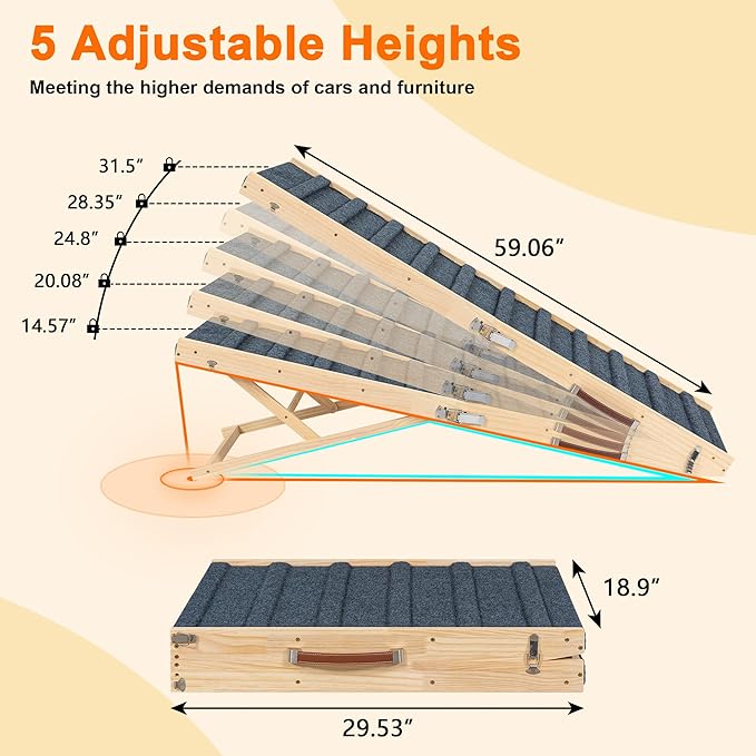 Clikuutory 2025 Upgraded Dog Ramp for Couch, 59" Foldable Small Dog Ramp for Bed, 5 Adjustable Height from 15" to 32", Portable Stable Pet Steps with Anti-Slip Carpet for Low Bed Couch Stairs, Wood