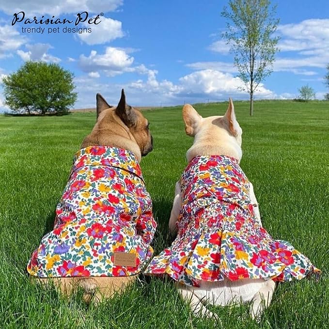 Parisian Pet Floral Printed Dog Summer Dress - 100% Cotton Breathable Ruched Waist - Medium Dog Girl Dress