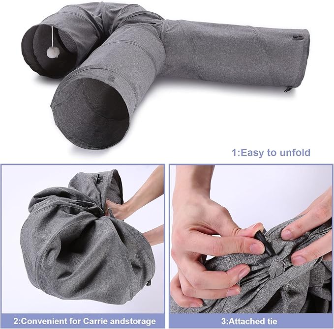 Ownpets Cat Tunnel Large 3 Way Collapsible Cloth Pet Tunnel Tube with Plush Ball & Feather Toy, U-Shaped Cat Play Tunnel for Indoor Cat, Puppy, Kitty, Kitten, Rabbit(Gray)