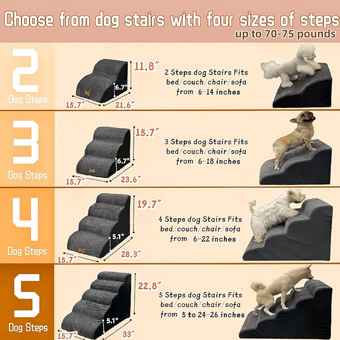 5-Step Dog Stairs for 23 Inch High Beds & 20-30 Inch Couch Bed, Non-Slip Balanced Indoor Pet Ramp Stairs for Small Old Large Dogs Cats to Get on Bed 30D